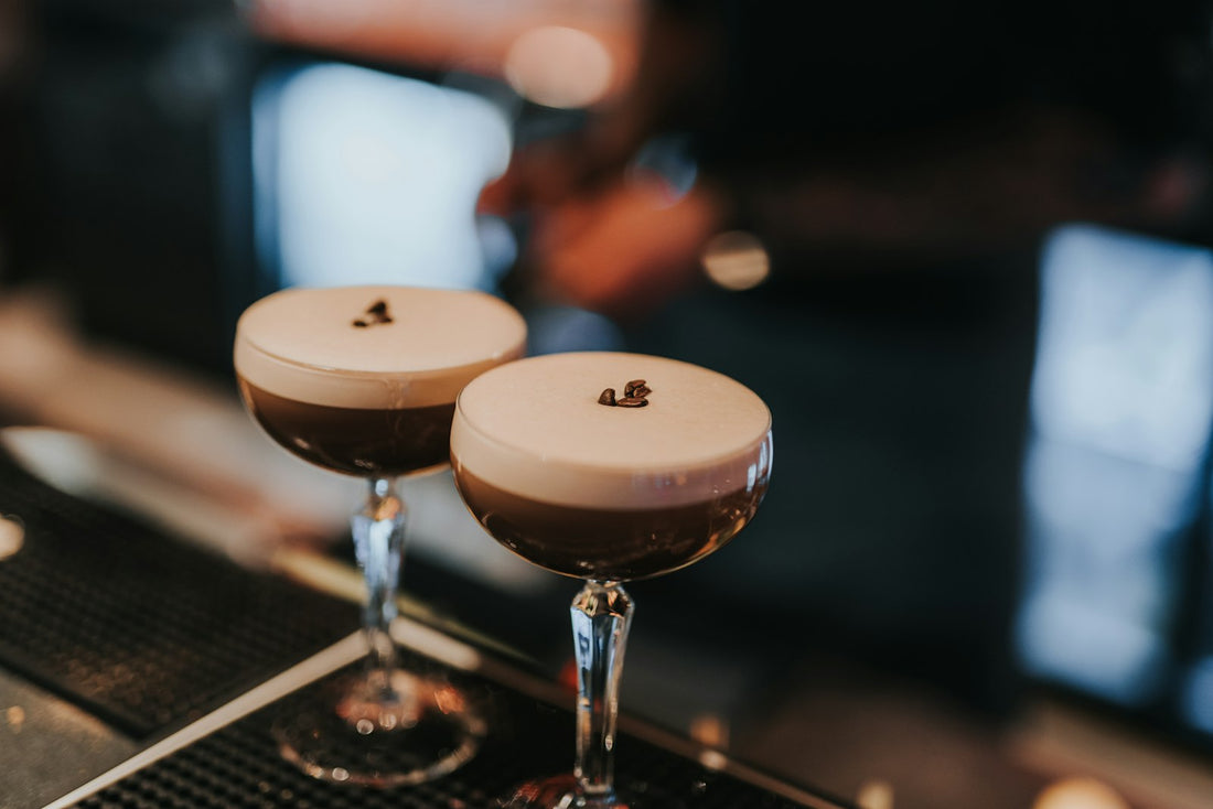 Amarula espresso martini in a coupe glass with coffee bean garnish